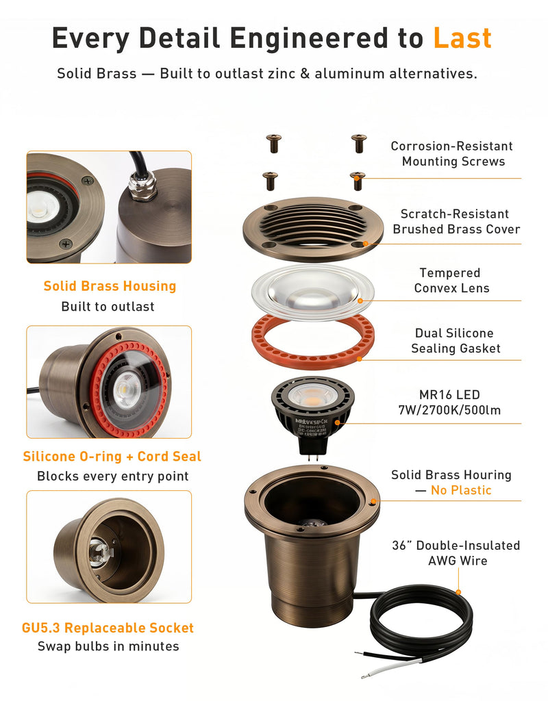 6 Pack] Landscape Well Lights,Brass Outdoor Low Voltage In Ground Light for Deck Pathway with Replaceable 7W MR16 LED