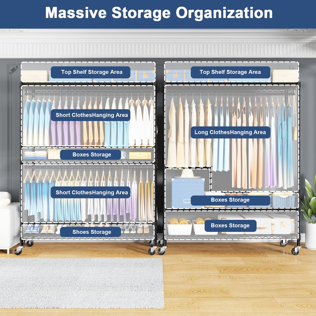 P8C Max Heavy Duty Clothes Rack(With Extended Width Design) Rolling Clothing Racks for Hanging Clothes with Lockable