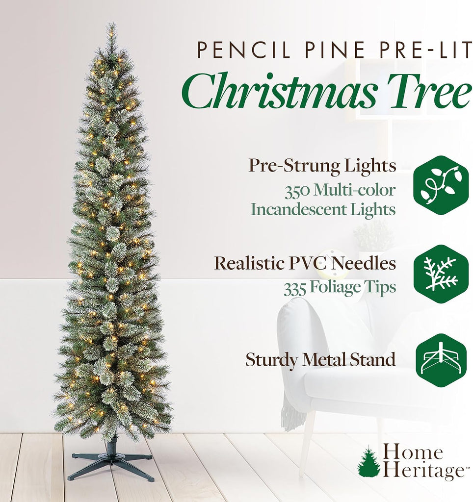 Stanley 7ft Pre-Lit Slim Pencil Christmas Tree, 350 Lights | Artificial Pine Tree with White Incandescent Lights and