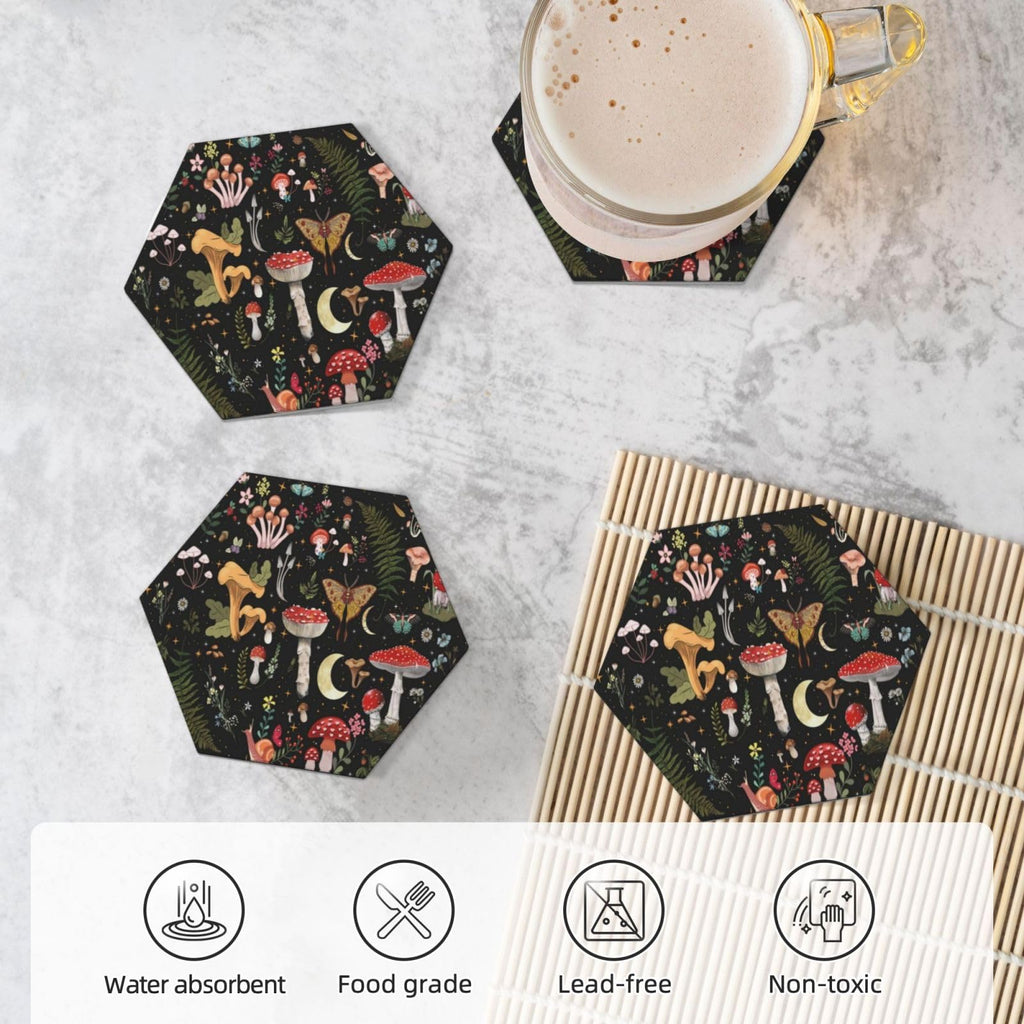 Gothic Witchy Absorbent Ceramic Coasters Set of 4 for Coffee Table Cup Bar Hexagon Coasters with Cork Base Home