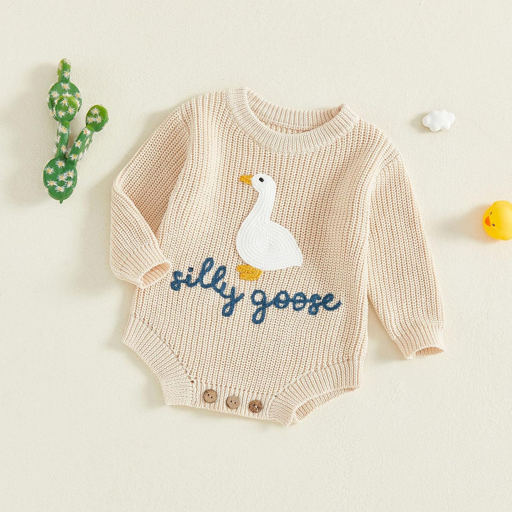 Silly Goose Embroidery Baby Girl Boy Sweater Romper