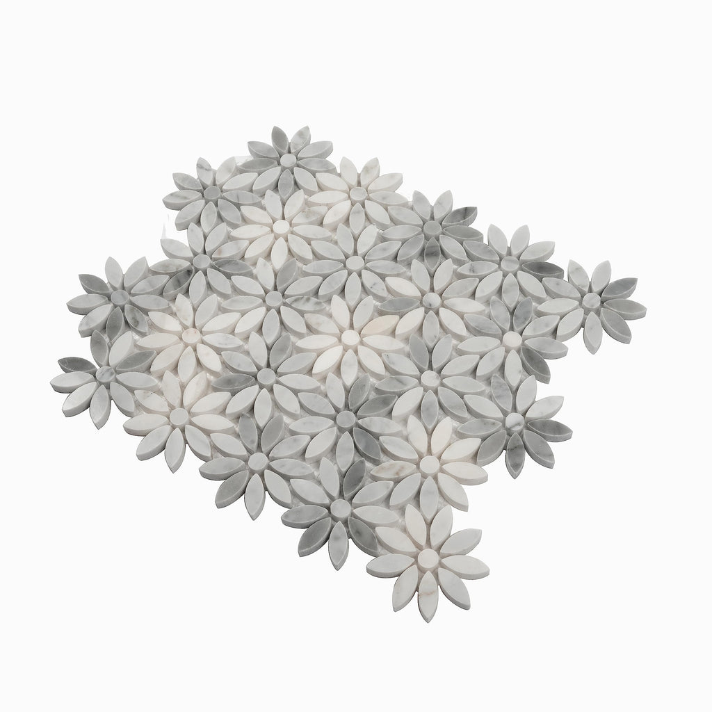 Flower Pattern Marble Mosaic Tile - 4.46 sq ft Box of 5 Sheets - White Gray Bianco Carrara Polished 10.7x12 in Mesh