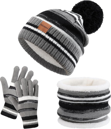 Kids Winter Hat Gloves Scarf Set: Girls Boys Beanie Fleece Lined