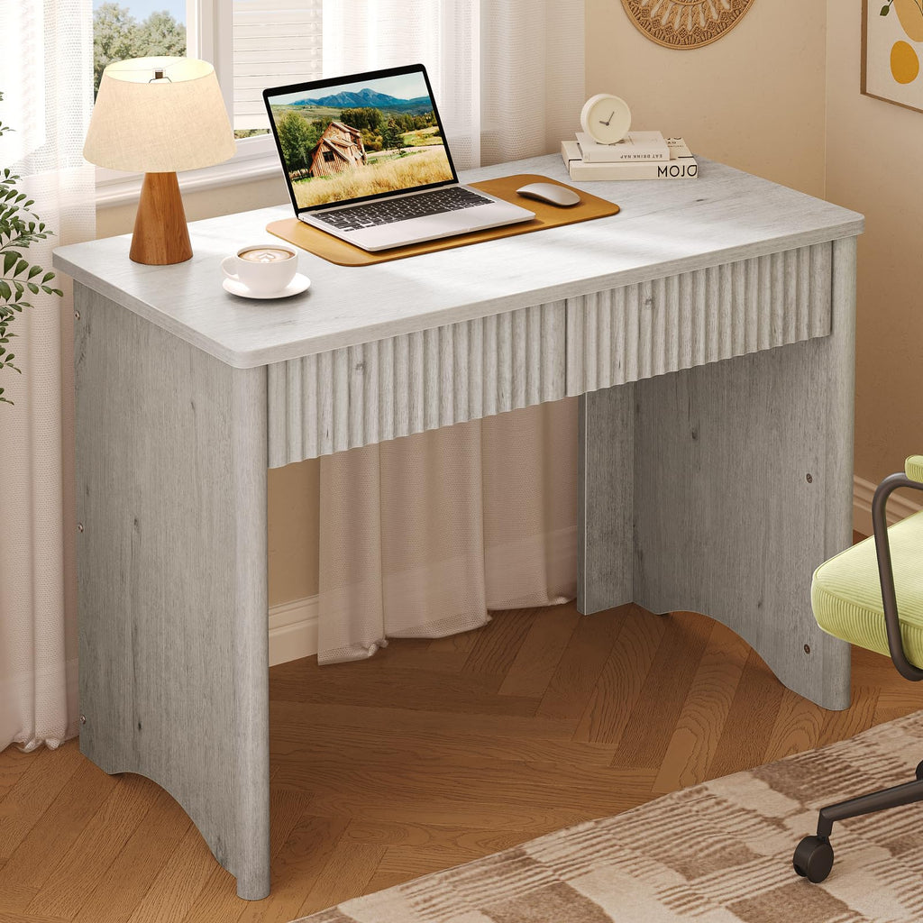 White Oak 40 Inch Fluted Home Office Desk with 2 Drawers for Study