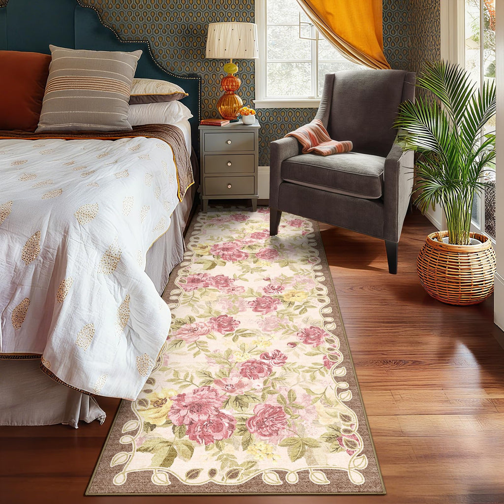 Washable 2x8 Runner Rug, Cream Boho Floral Non-Slip