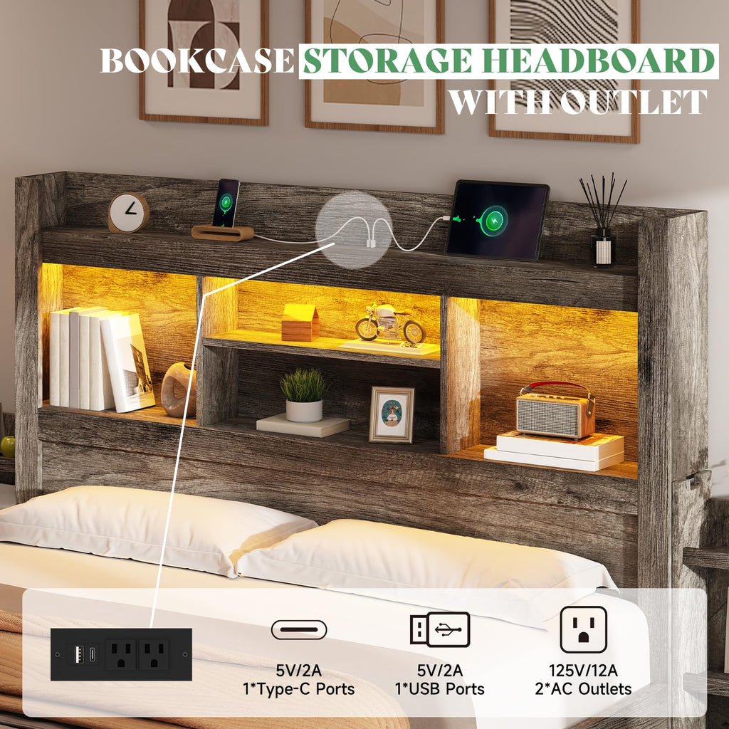 Bed Frame with Bookcase Headboard & Storage, Rustic Grey