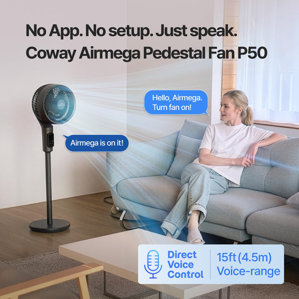 Airmega P50 Pedestal Fan , Voice Control, 18.5dB Quiet with BLDC Motor, 120°+90° Omni-Directional Oscillating, 108ft