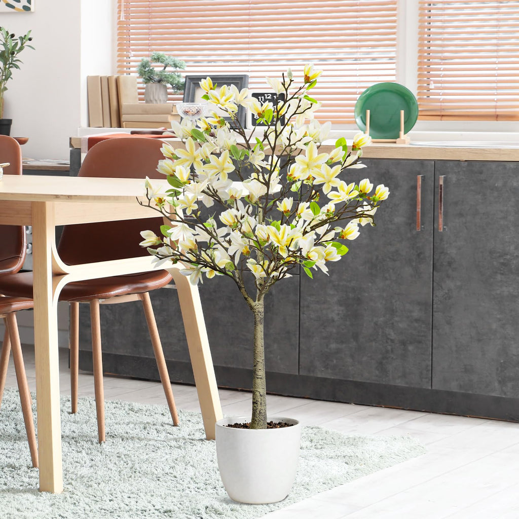 4FT Faux Magnolia Tree in Black Pot, White Artificial Plant, Room