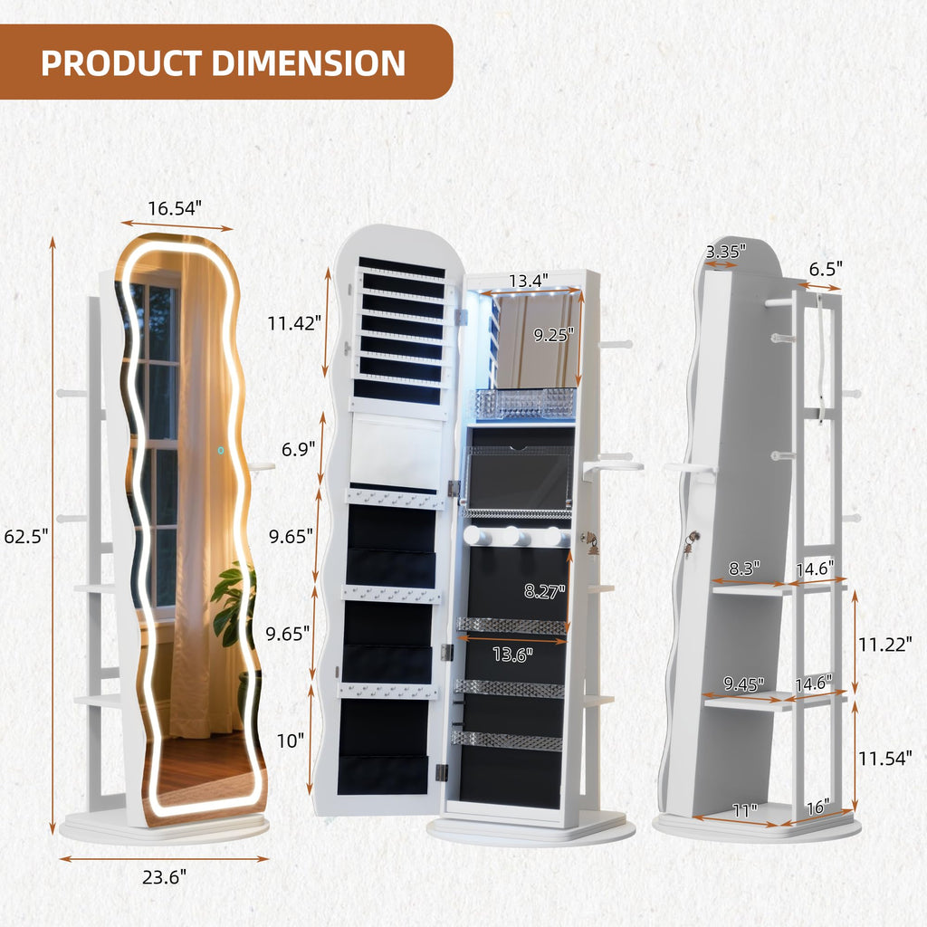 LED Mirror Jewelry Cabinet Standing, 360° Swivel, White