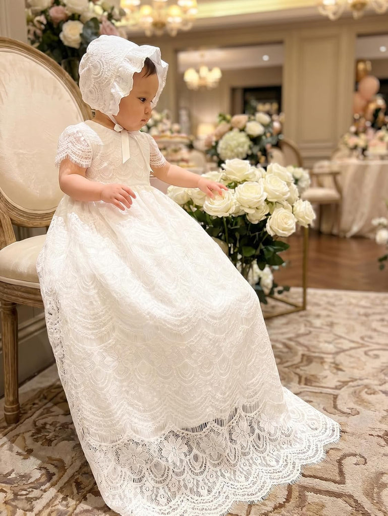 Baby Girls Christening Baptism Dress White Lace Gown with Bonnet