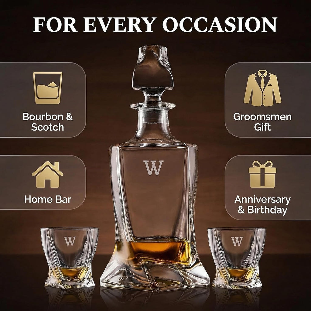 Swirl Crystal Whiskey Decanter Set 25oz with 2 Rock Glasses - Set of 3