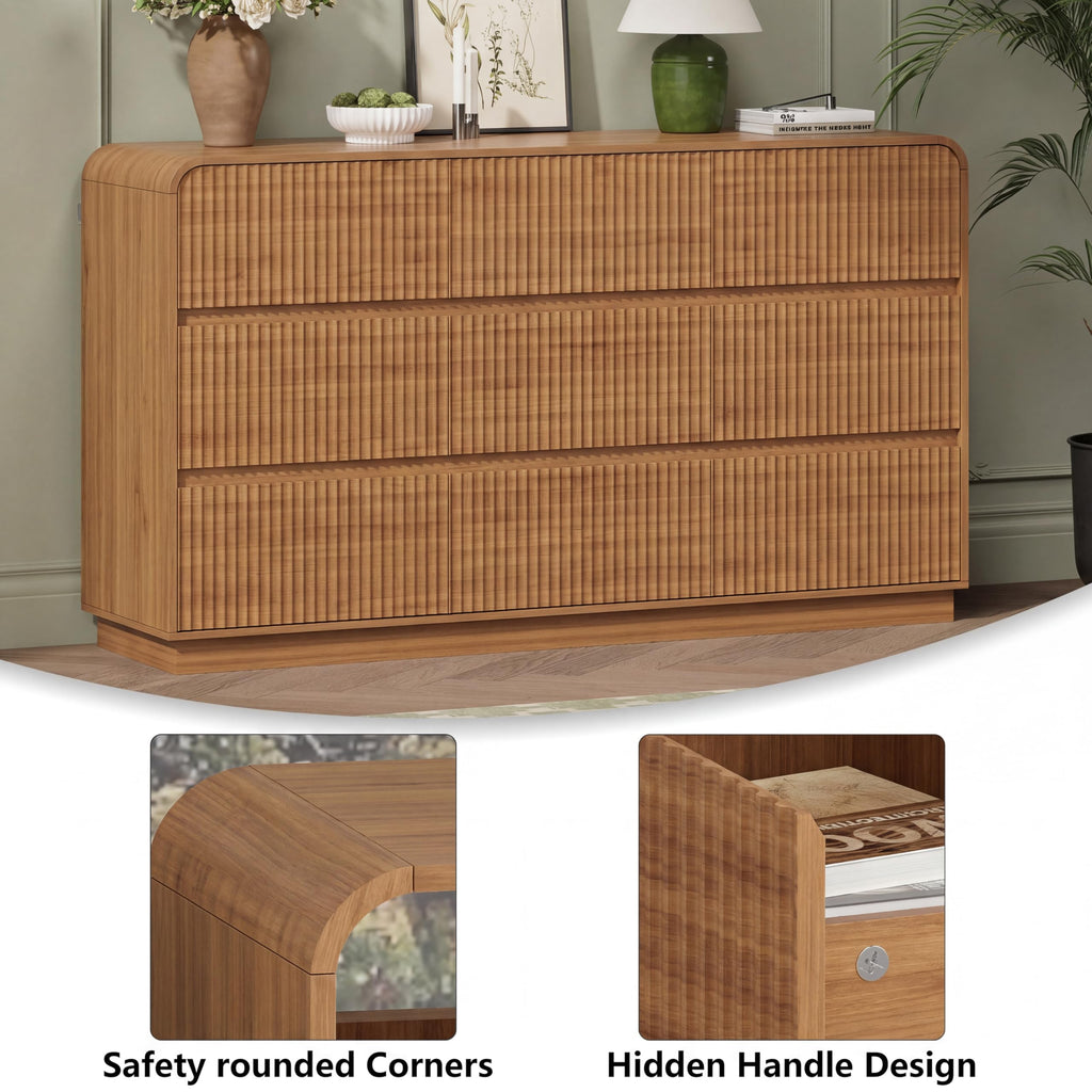 Walnut Dresser Fluted 9 Drawers Dresser, 59" Wide Wood Chest of Drawers with Hidden Handles & Rounded Corners