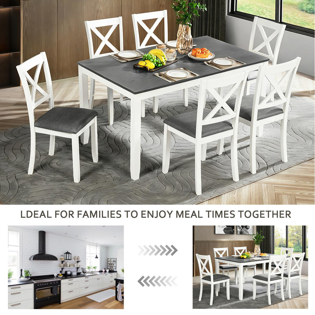 Modern 7-Piece Dining Set, 58.5" Solid Wood Table & 6 Padded X-Back Style Chairs, Grey & White Two-Toned /Dining Room