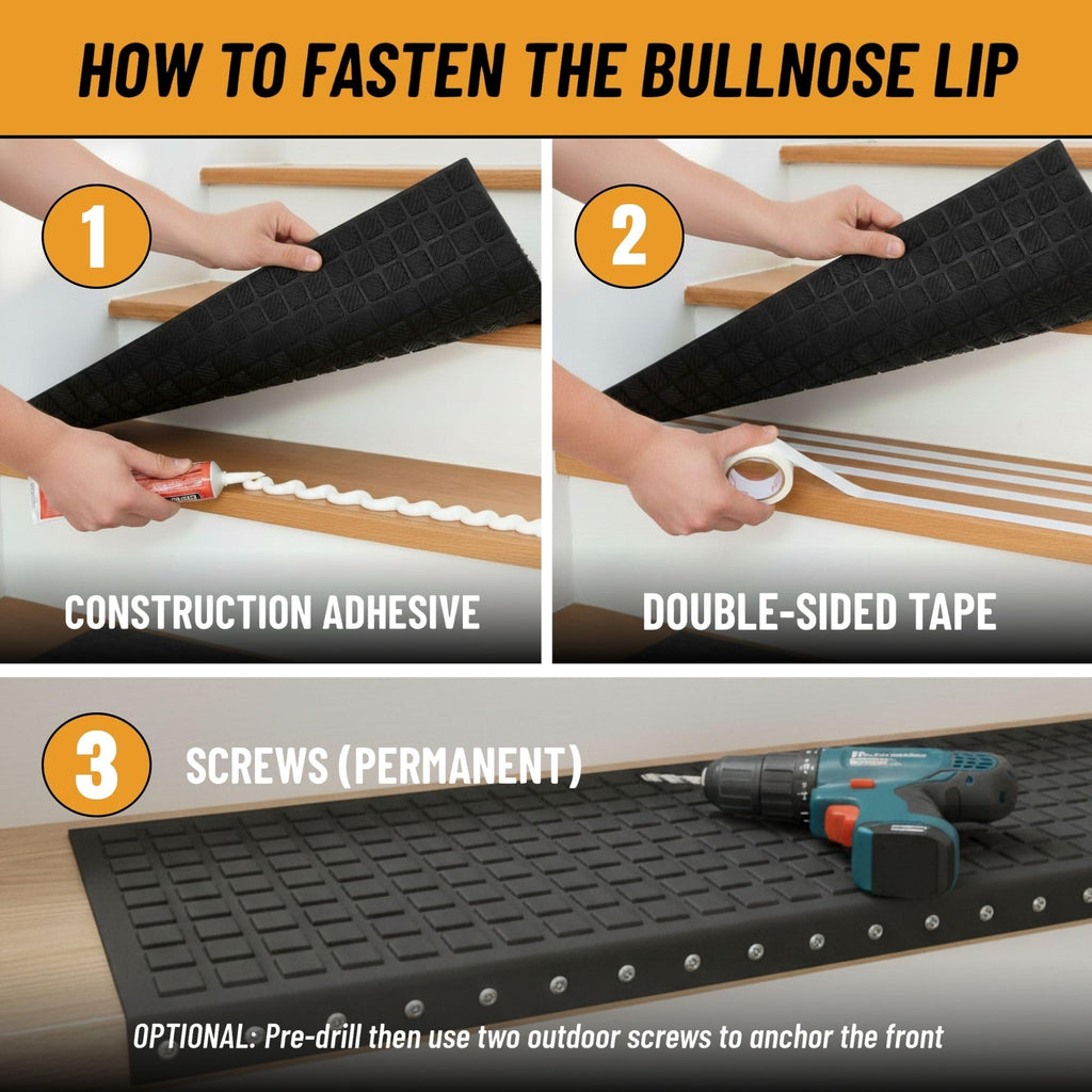 Bullnose Outdoor - Ribbed Heavy-Duty Non-Slip Stair Mats - Best Grip on Concrete, Brick & Textured Step - Fastening