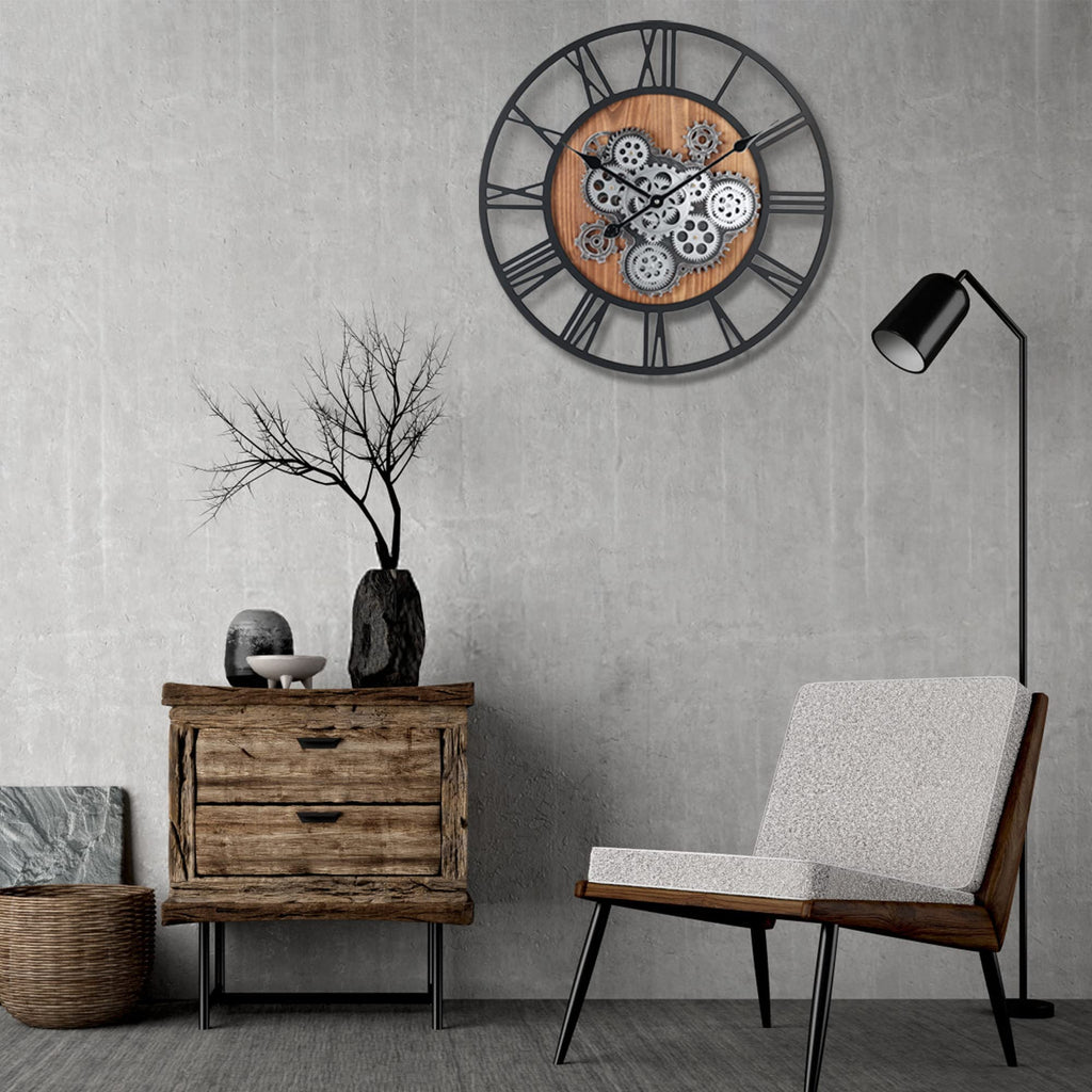 23 Inch Steampunk Large Wall Clock with Moving Gears Wooden Brown