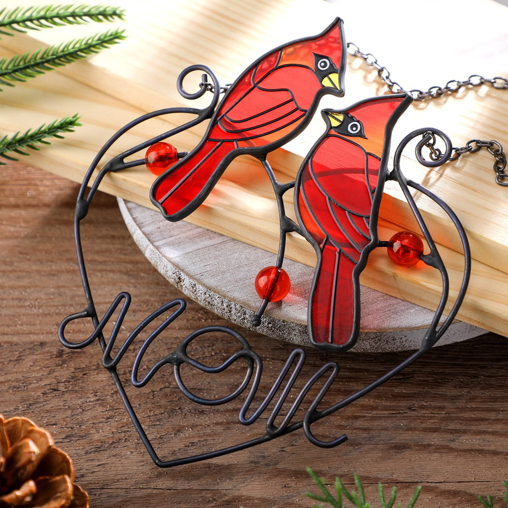 Red Cardinal Stained Glass Suncatcher Bird Ornament with Chain