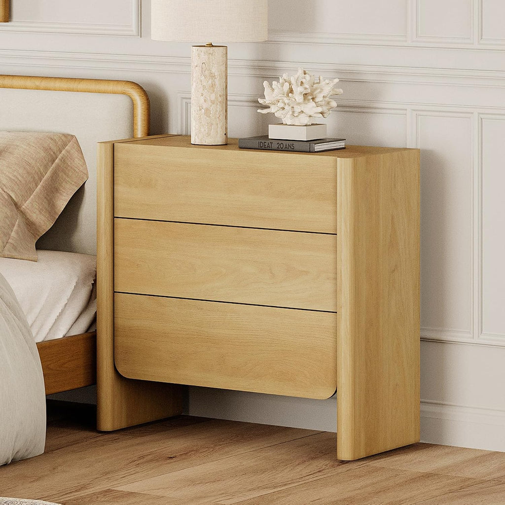 Night Stand with 3 Drawers, Wood Nightstand, Modern Bedside Table with Storage, Side Table & End Table , Rounded Wood