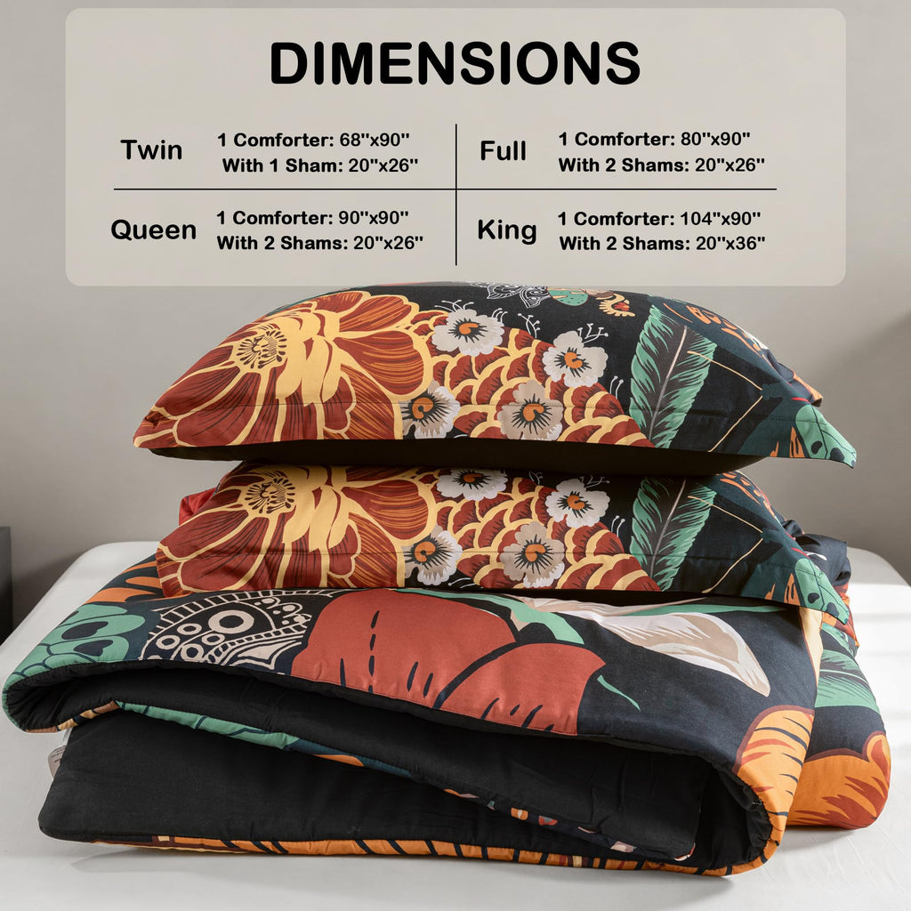 Black Boho Floral Comforter Set - 3 Piece Vintage Botanical Bedding Comforter Sets for All Season Soft