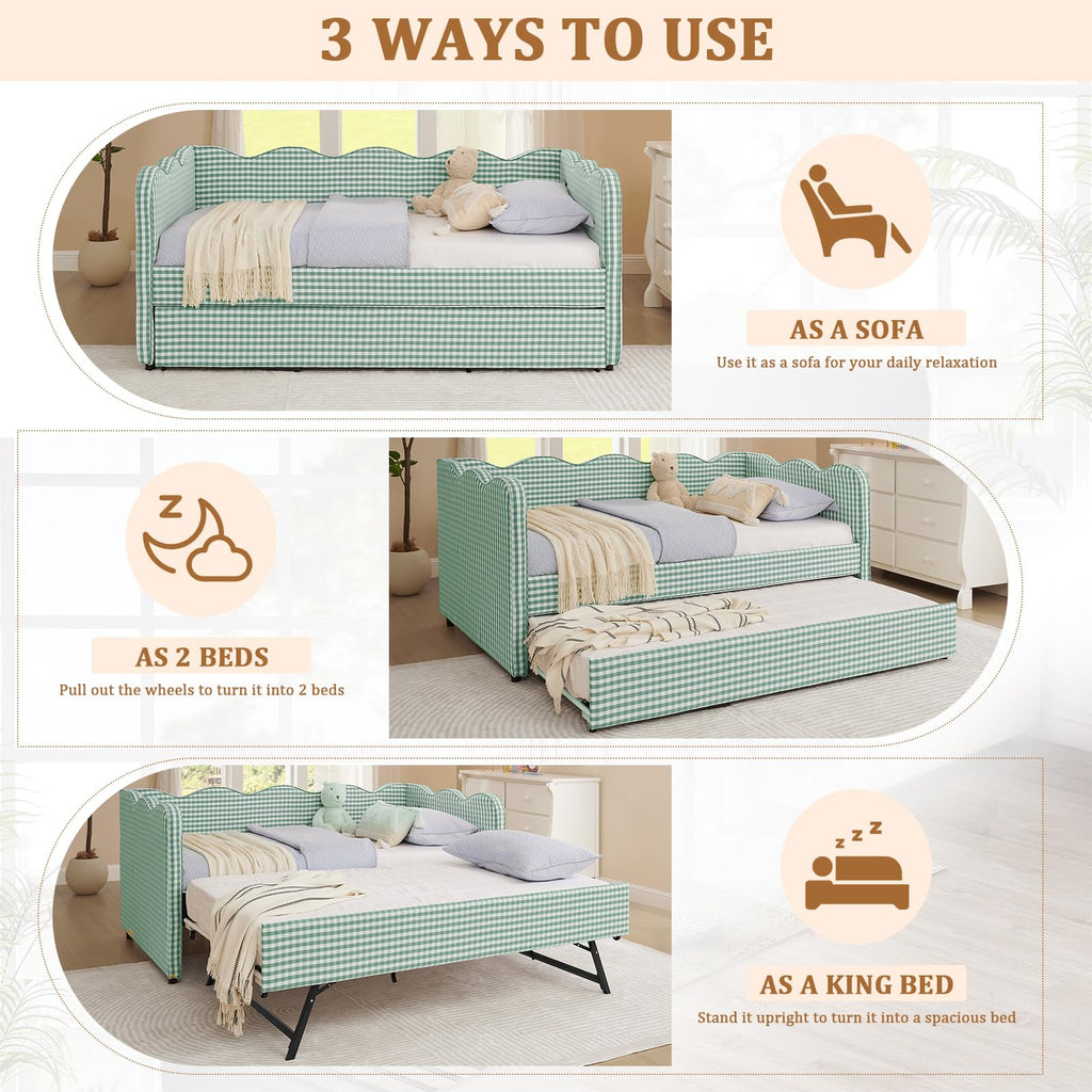 Twin Size Gingham Daybed with Trundle, Upholstered Linen Day Bed Frame with USB Ports & Wave-Shaped Backrest, Modern