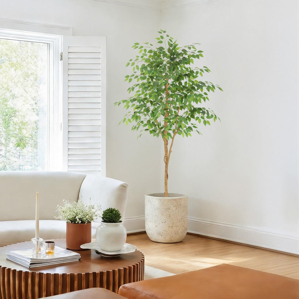 7ft Faux Ficus Tree with Real Wood Trunk, 84in Fake Ficus Tree with Lifelike Leaves, Ficus Tree Artificial Bedroom