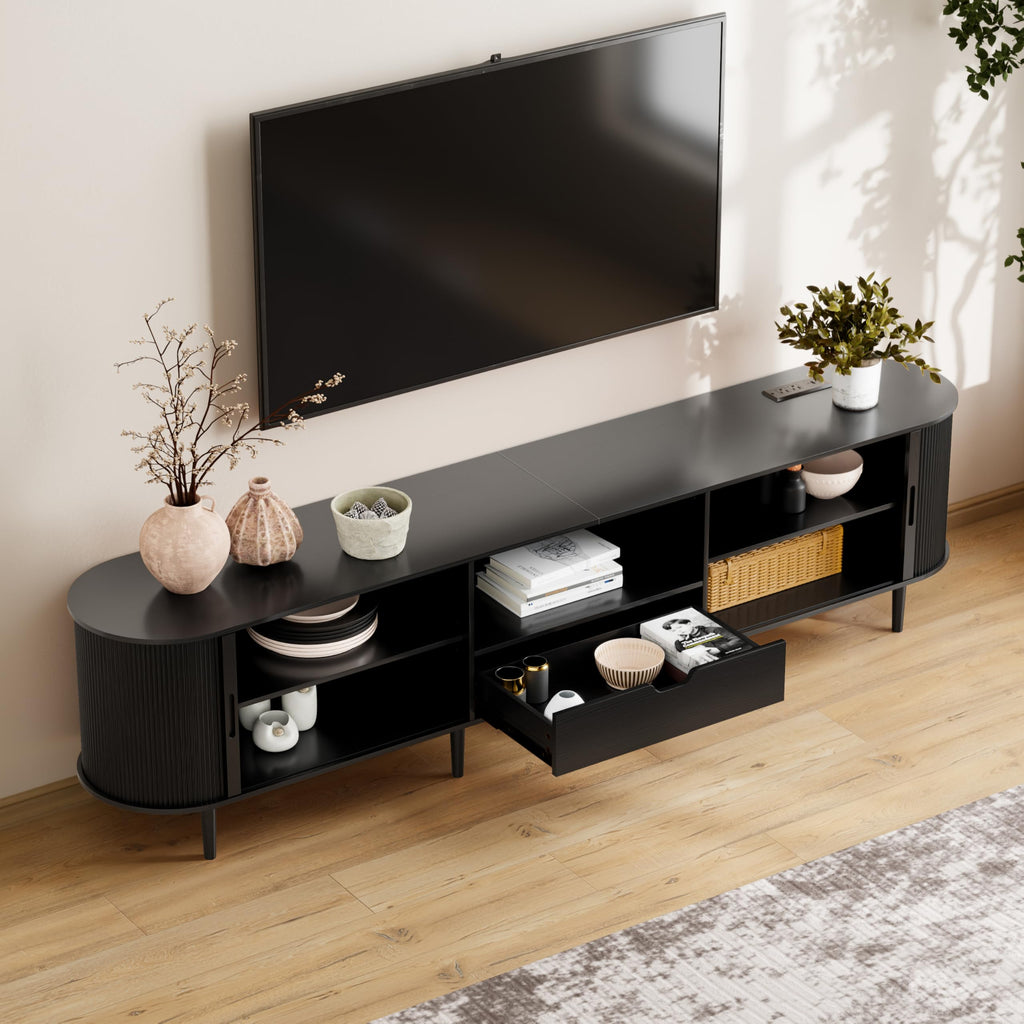 86.6" Fluted TV Stand with Power Outlet for TVs up to 90", TV Console with Adjustable Shelves and Sliding Door, Mid
