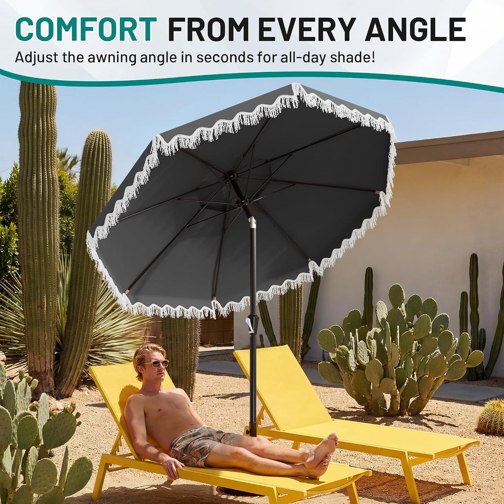 9ft Patio Umbrella with Fringe Tassels, Wind-Resistant Fiberglass Ribs - Grey