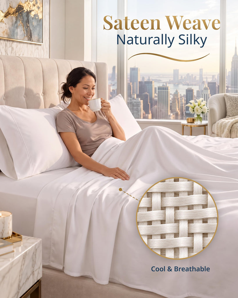 100% Egyptian Cotton Sheets Silky Sateen Weave - White