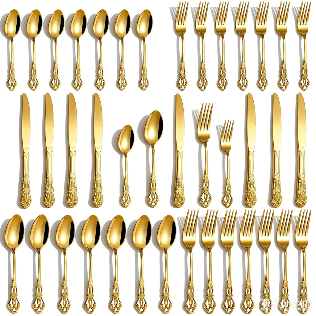 40 Pieces Gold Silverware Set for 8, Retro Royal Utensils Set Gold, Stainless Steel Flatware Dinnerware Set Including