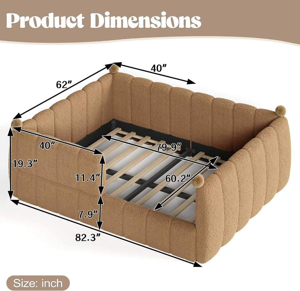 Queen Size Teddy Fleece Upholstered Montessori Floor Bed with Fence,Low Profile Kids Bed Frame with Full Padded