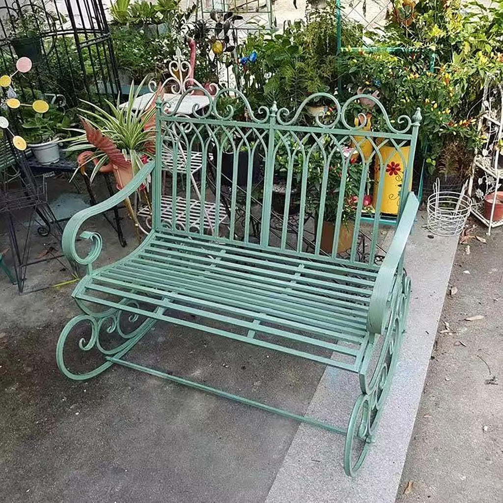 Wrought Iron Patio Vintage Rocking Chair, Single and Double Outdoor Garden Bench, Durable Metal Porch Furniture