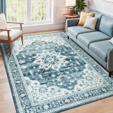 5x7 Washable Vintage Boho Area Rug, Soft Non-Slip Carpet for Living Room Bedroom Blue