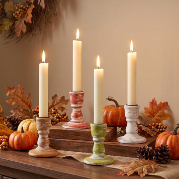 Fall Table Decor Rustic: Wooden Candlestick Holders - Set of 4