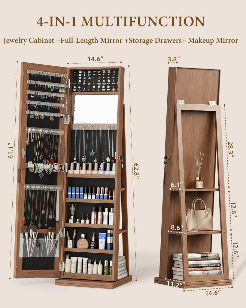 360° Swivel Jewelry Cabinet with Full-Length Mirror, Lockable, Brown