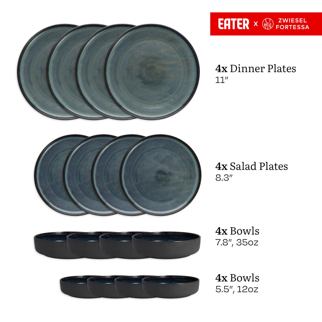 Eater x Celestre Stoneware, 16 Piece Dinnerware Set (Service for 4), Aurora Blue