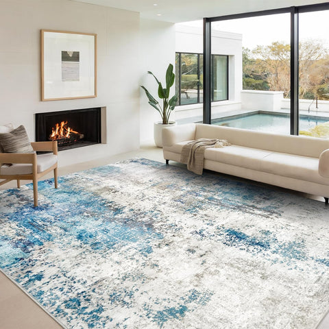Washable Area Rugs for Living Room 8x10 - Large Neutral Modern Abstract Rug