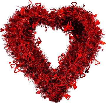 Valentine's Day Wreath for Front Door, Tinsel Heart Shaped Wreath Hanging Wall Decorations - 14 Inches, Valentines
