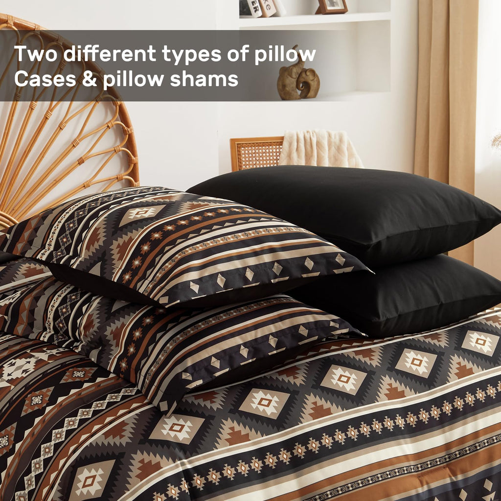 Queen Size Comforter Set Dark Coffee, 7 Pieces Boho Aztec Bed in a Bag Lightght Comforters Bedding Set with Sheets &