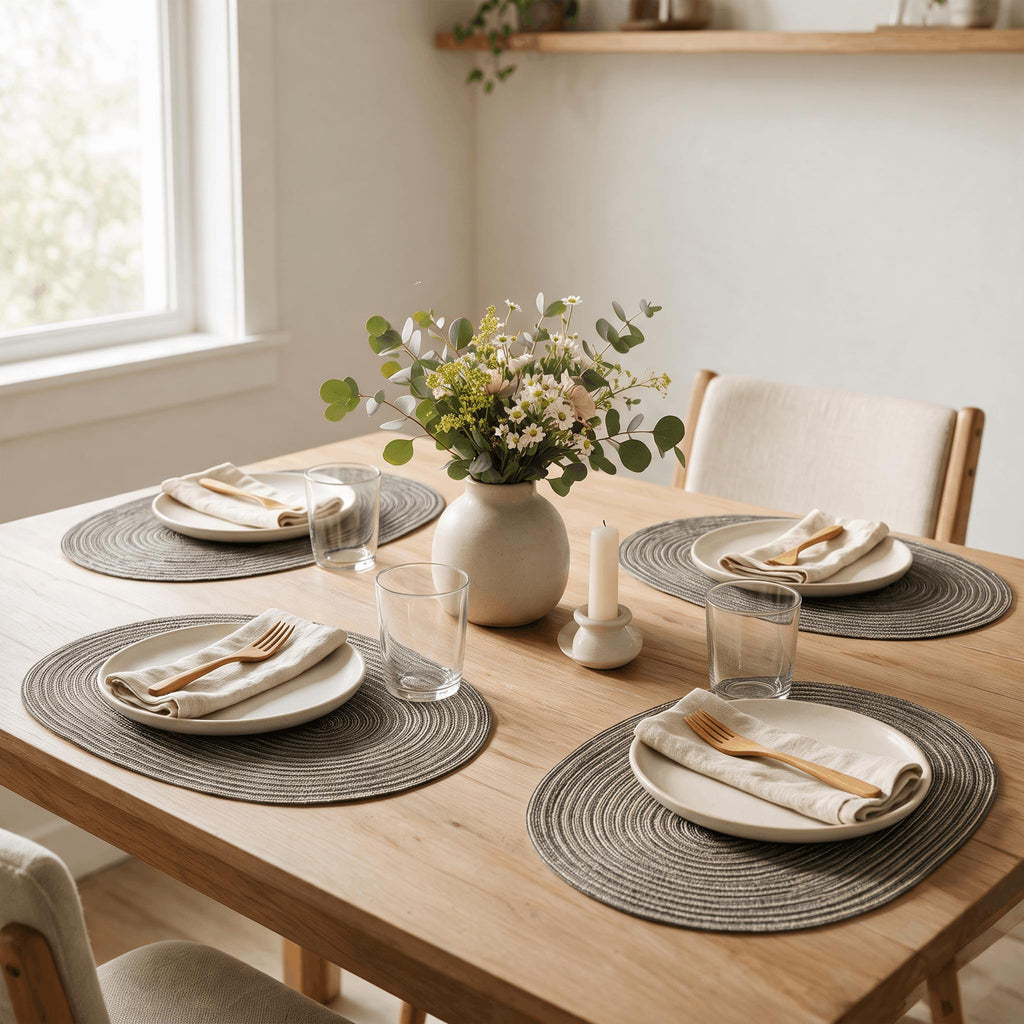 Brown Polyester Oval Braided Placemats Set of 4, 12 x 17.5 Inch Washable Non-Slip Heat Resistant Table Mats Dining