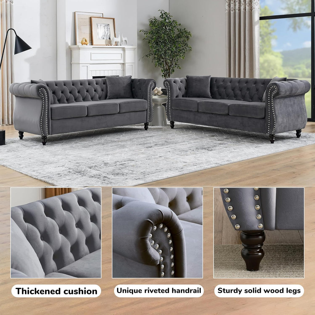 80" 2 Piece 3-Seater Chesterfield Sofa, Combination Sofa with Button Tufted Trimming Curved Backrest Rolled Arms, Grey