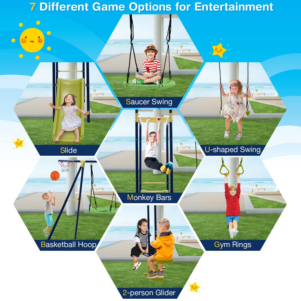 7-in-1 Swing Sets for Backyard, 660lbs Metal Playground Set w/Slide