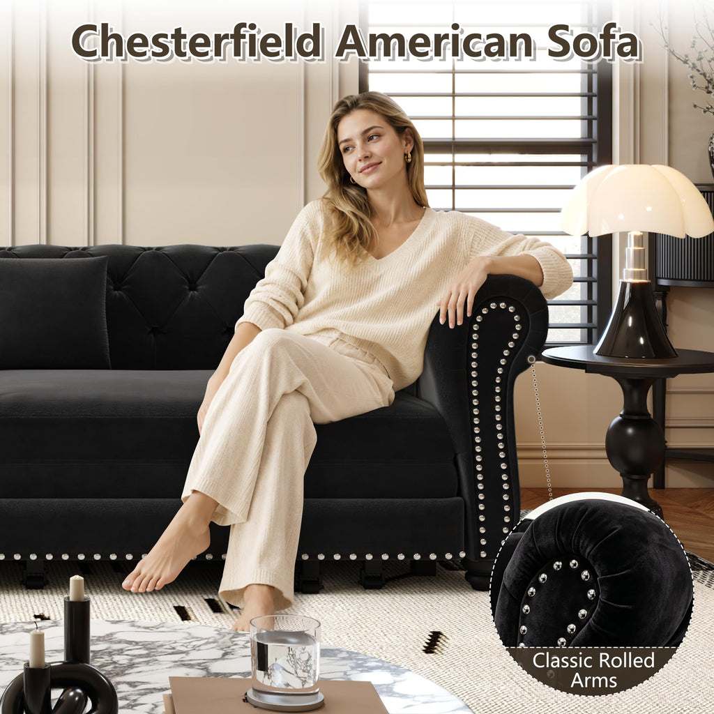 89" King Size Sleeper Sofa Bed, 3-in-1 Convertible Pull Out Chesterfield Sleeper Couch with Ottoman, Oversized Velvet