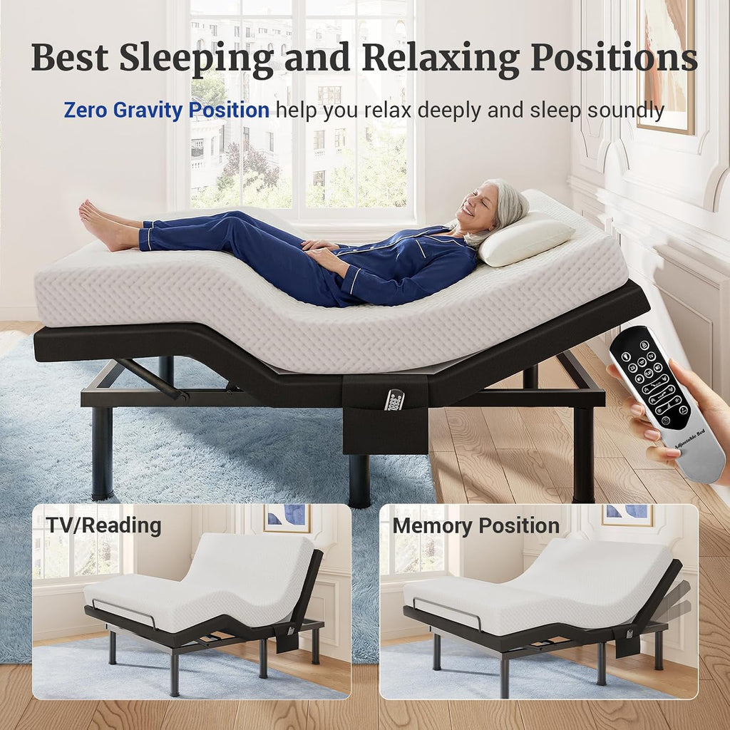 T600 Adjustable Bed Base with Massage & Remote, Syncable Split King Adjustable Bed Frame with Head & Foot Incline