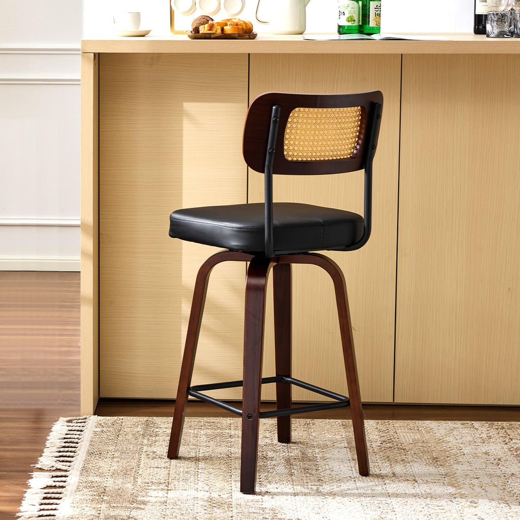 Modern Bar Stool 26" H, PU Leather with Rattan Back, 360° Swivel, Solid Wood Legs Barstools Island & Home Bar, Black