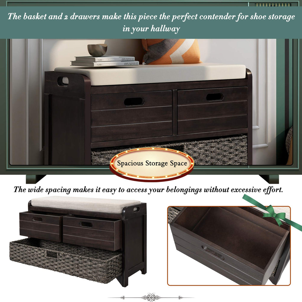 Farmhouse Wood Shoe Bench with Storage and Seat Cushion Hallway Front Door Espresso