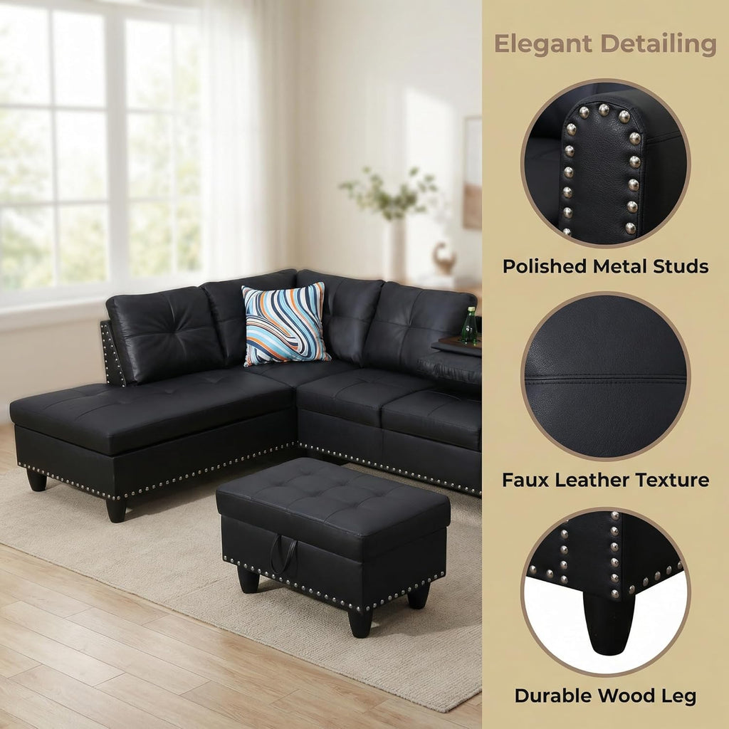 Leather 3-Piece L-Shaped Couches for Living Room, Sectional Sofa with Storage Ottoman & Movable Chaise