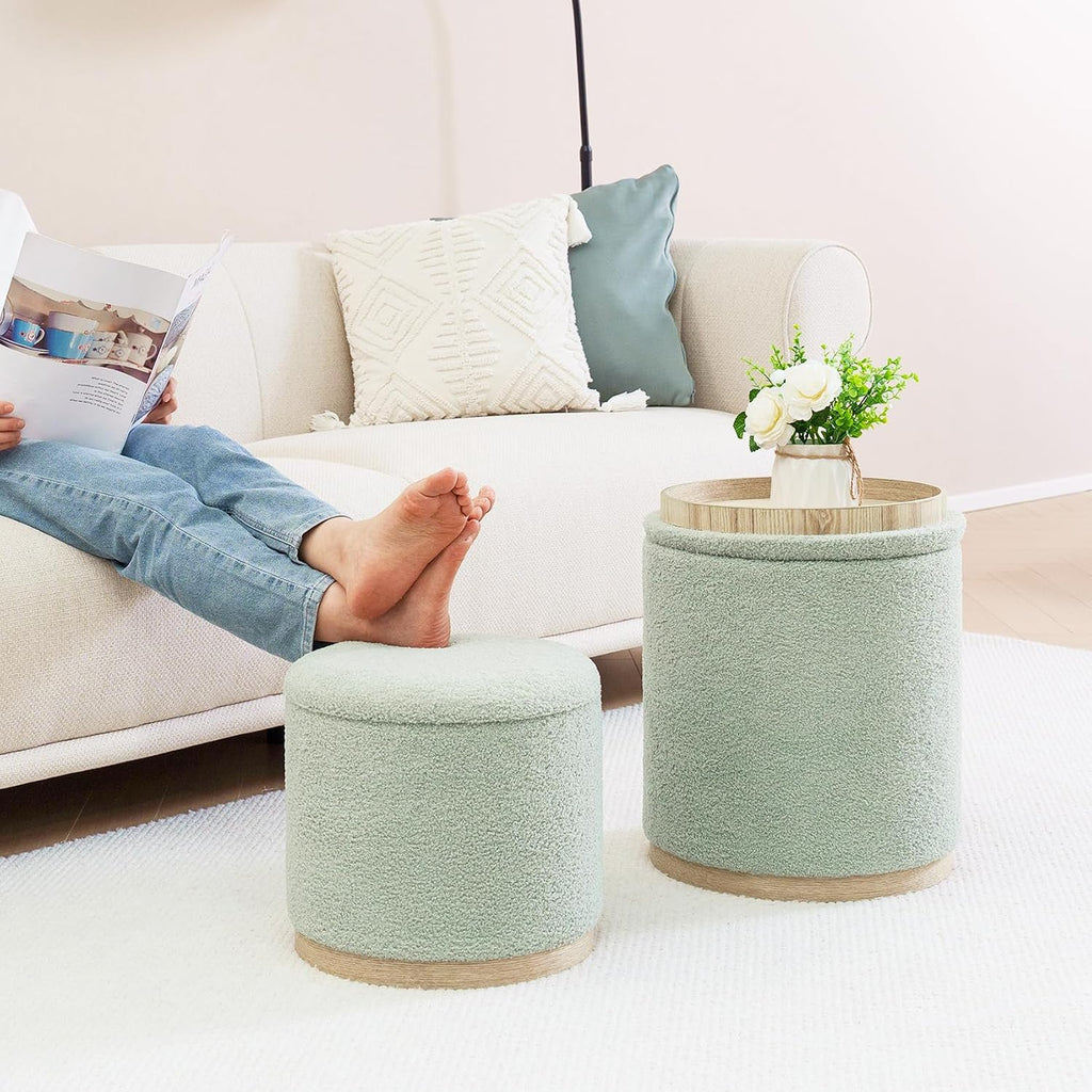 Round Ottoman with Storage Set of 2, Storage Ottoman with Tray, Teddy Velvet Ottoman Storage Modern Multifunctional