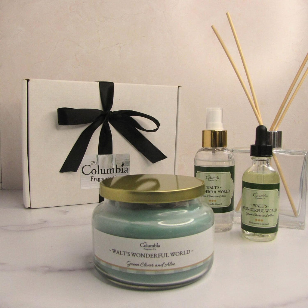 Walt's Wonderful World Fragrance Gift Set - Green Clover & Aloe - Disney Resort Inspired Candle, Room Spray &