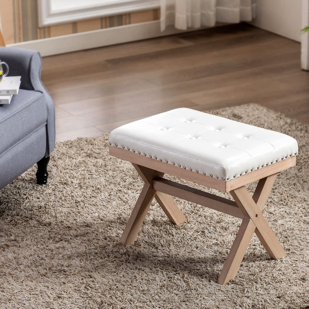 Bench Ottoman Faux Leather Upholstered Entryway Bedroom Bench Footstool Seat with X-Shaped Wooden Legs Bedroom Living