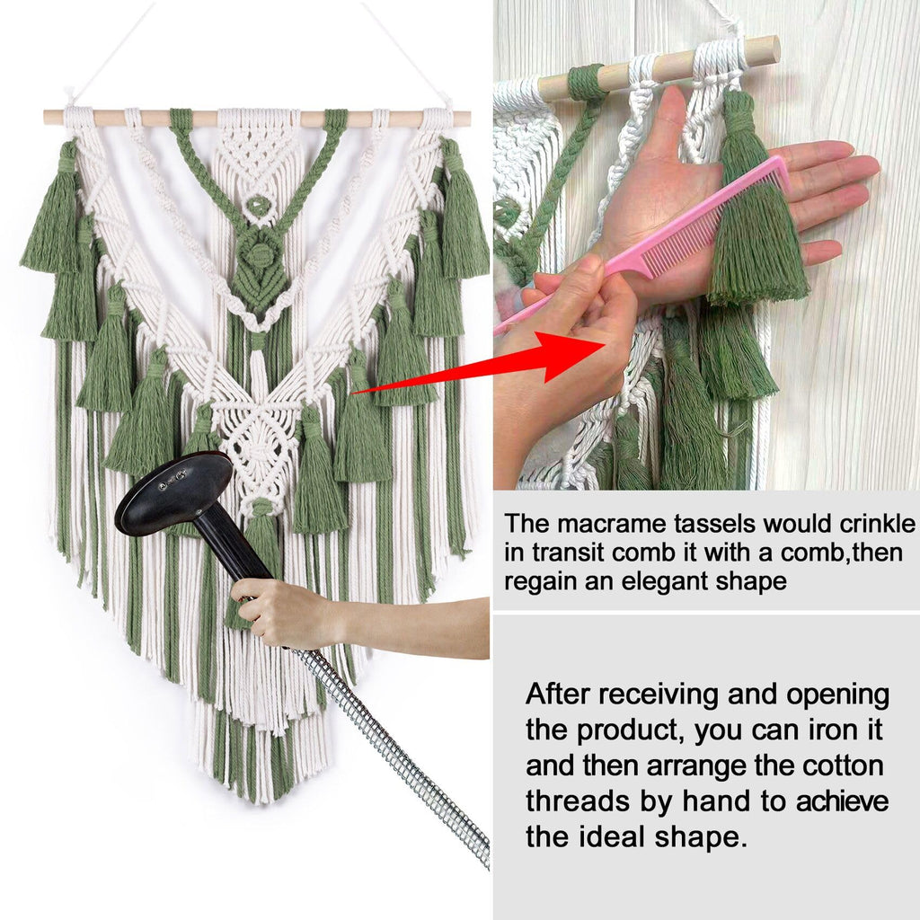 Green Macrame Wall Hanging Boho Macrame Wall Decor with Yarn Tassel Bohemian Tapestry Woven Wall Art Bedroom Home
