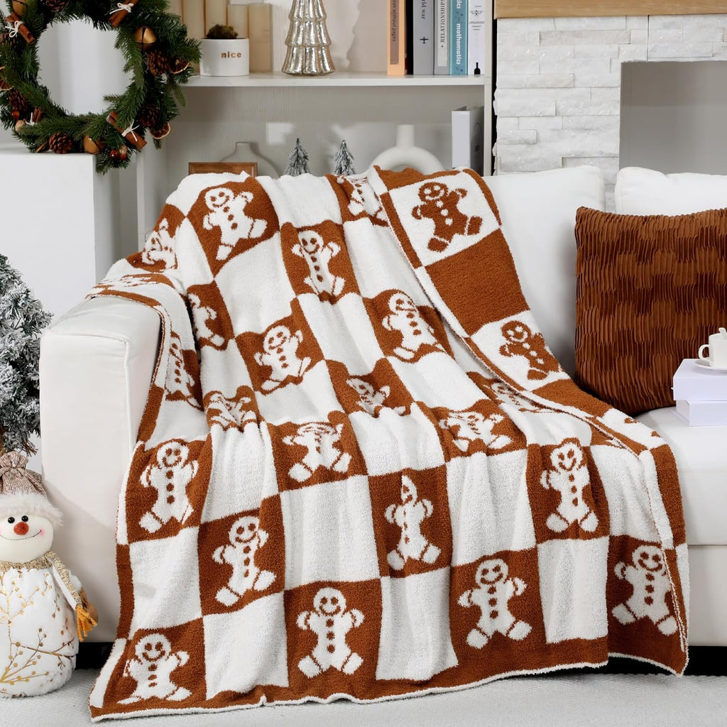 Christmas Gingerbread Man Knit Throw Blanket, 50 x 60 Inch Xmas Reversible Knitted Throw Blanket, Cozy Lightweight